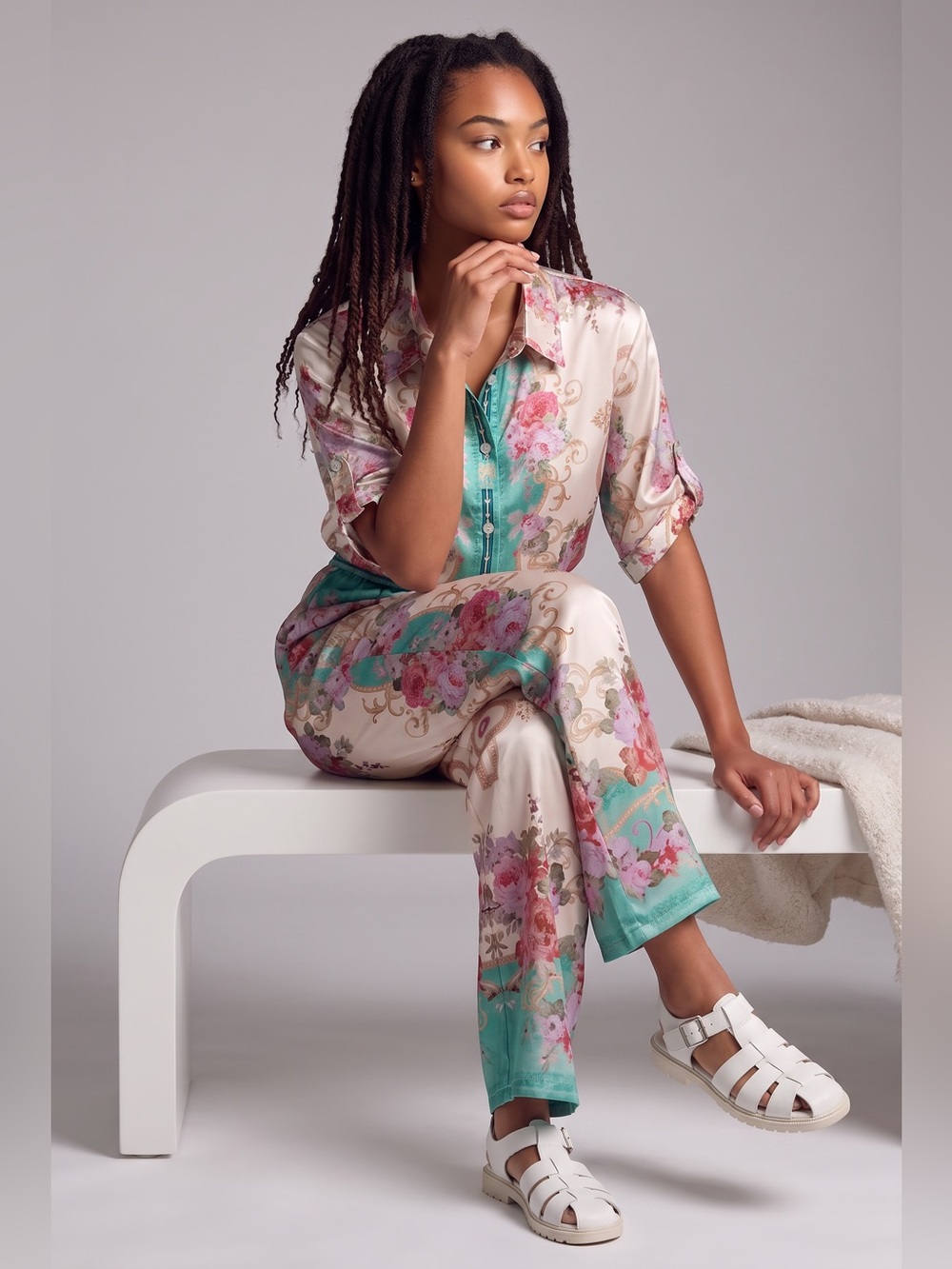 Eden Society - NWT - Floral Satin Shirt Jumpsuit in Teal & Cream - Picture 2 of 6